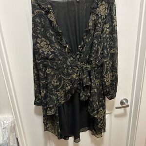 Torrid Black and Gold Sheer Hi-Low Wrap Blouse